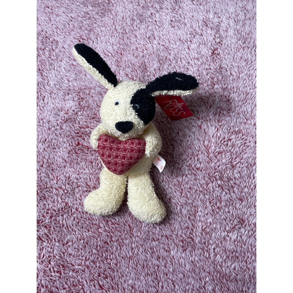 Vintage Baby Russ Stuffed Animal Dog One Size Cream Black Red Heart